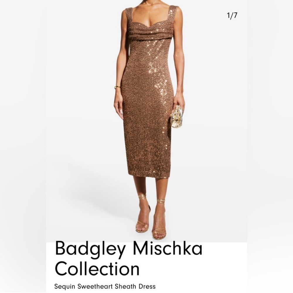 Badgley Mischka Gold Sequin Sweetheart Sheath Dress